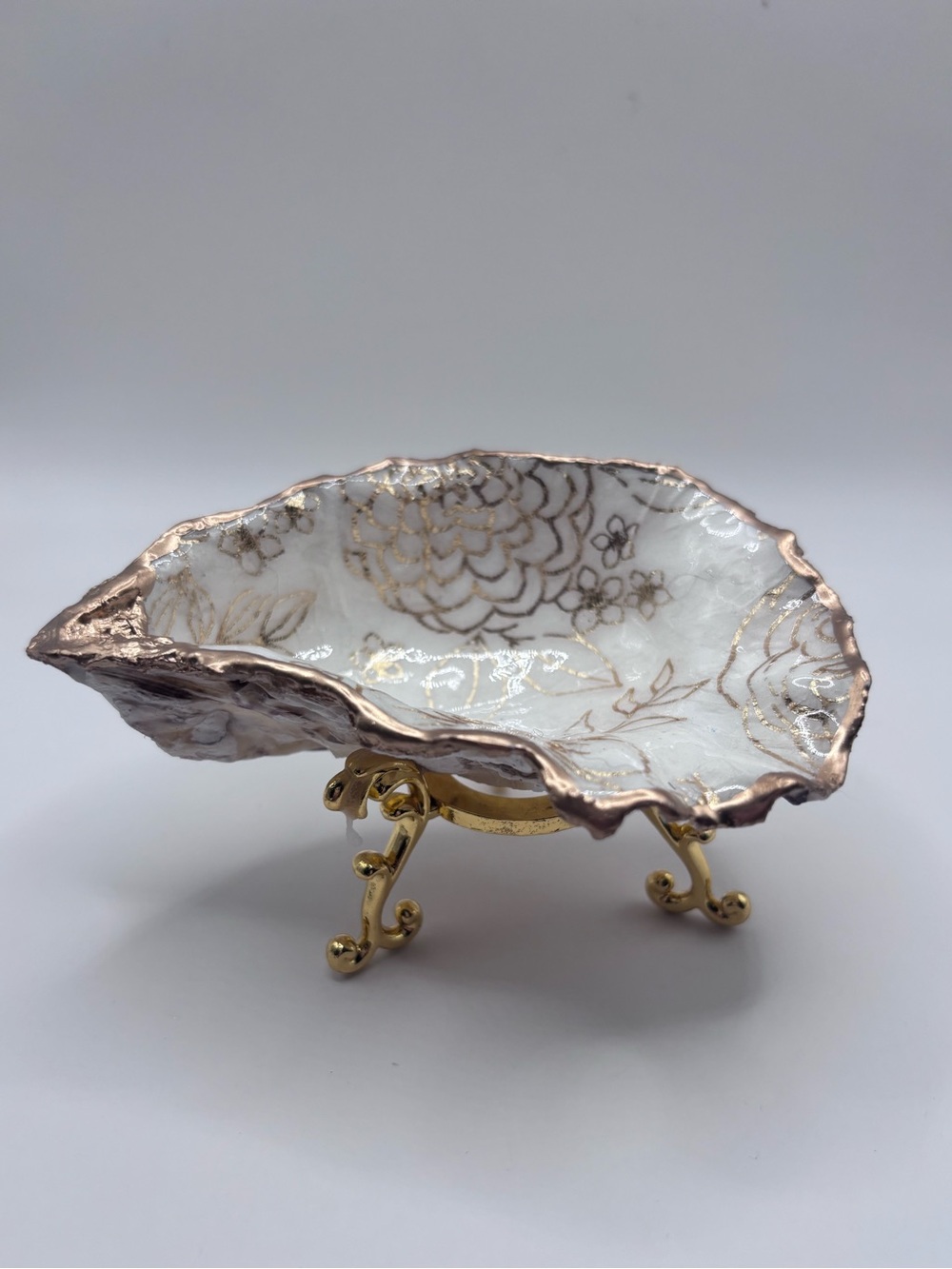 Decorative White and Gold Ceramic Dish on Gold Stand